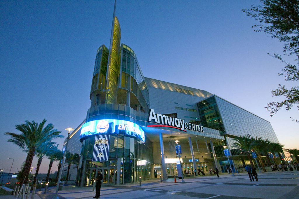 Amway Arena exterior view at dusk with marqueed