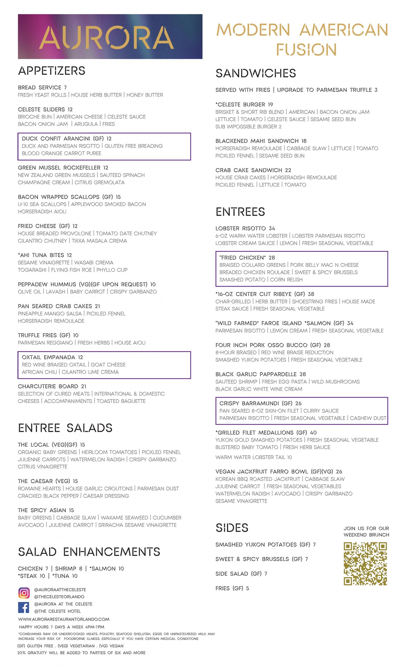 Aurora Lunch & Dinner Menu Restaurants Near UCF