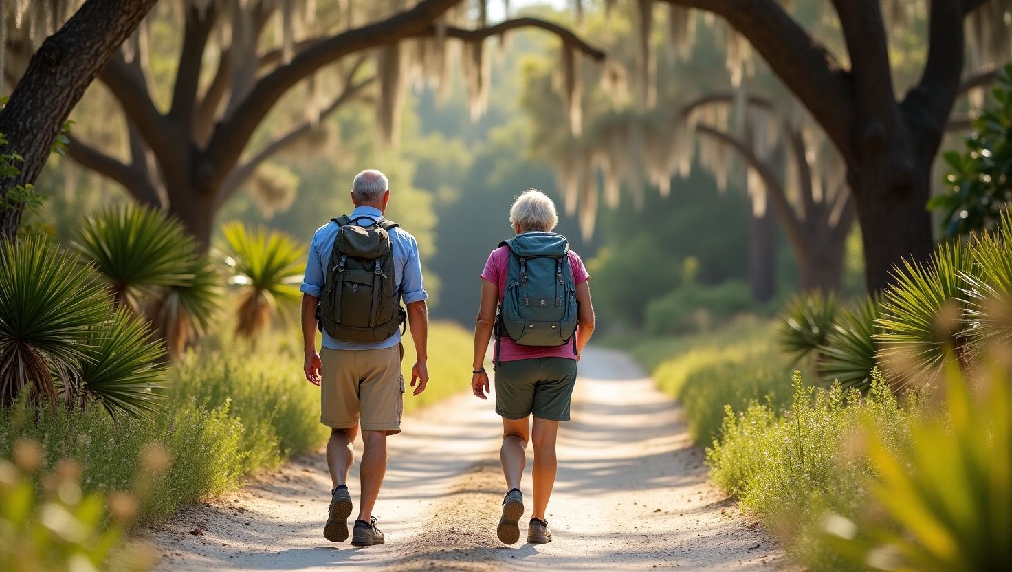 A natural outdoor scene in Florida shows a couple hiking on a sandy trail, viewed from behind. They wear casual hiking attire and backpacks, walking side by side. The path is surrounded by Florida scrub vegetation, including saw palmettos, and tall oak trees draped with Spanish moss. Dappled sunlight filters through the canopy, creating a serene, warm atmosphere.