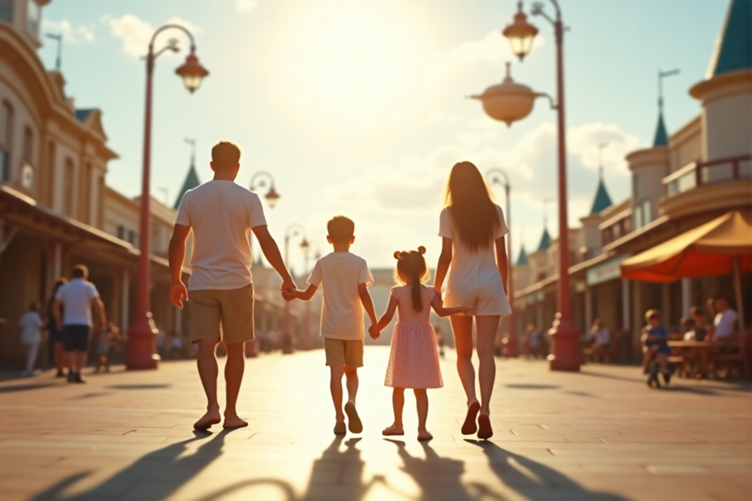 AI generated family walking through theme park main street holding hands