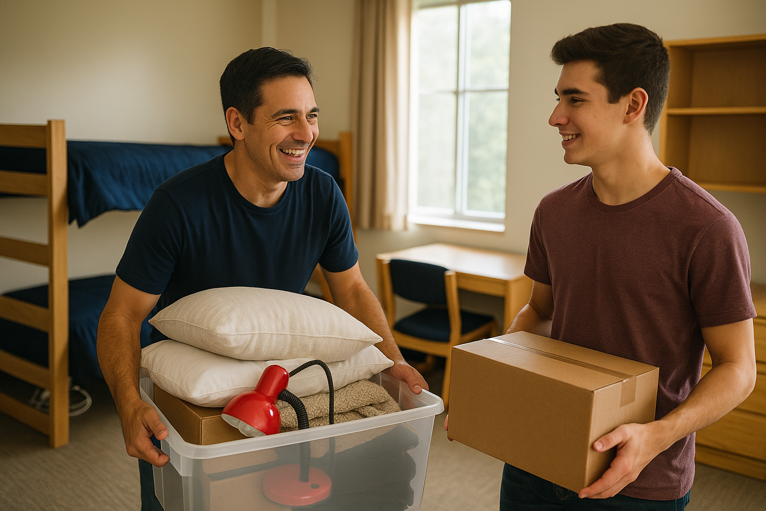 dad helping son into dorm room