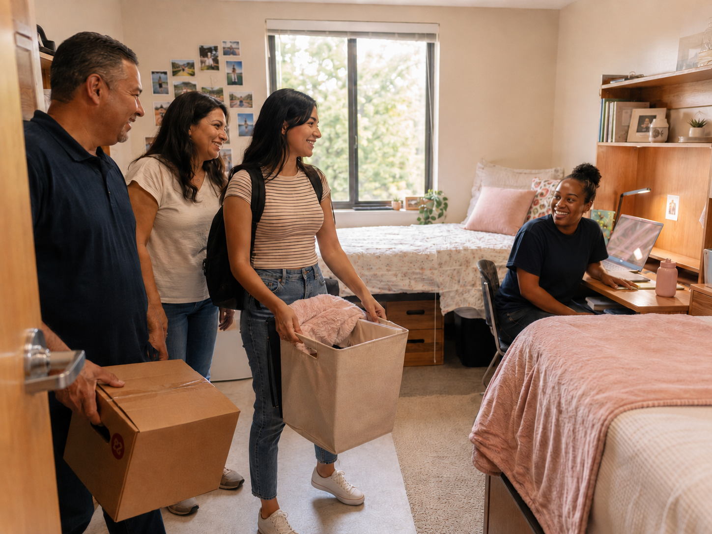Ai Generate image of hispanic female being assisted moving into dorm room and meeting black female roommate. Smiles and warm welcomes are visible